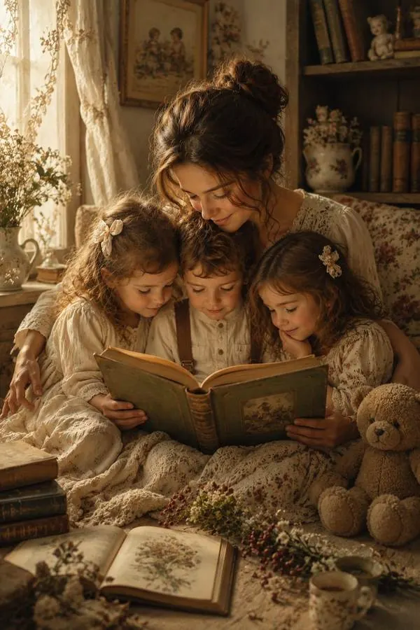 Voz de Mãe lendo em voz alta para os 3 filhos